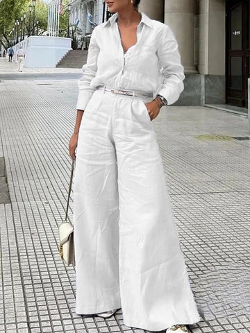 MQTIME  -  Women's Cotton Linen High Waist Wide Leg Pants with Pockets 2025 Summer Minimalist Solid Color Casual Office Trousers